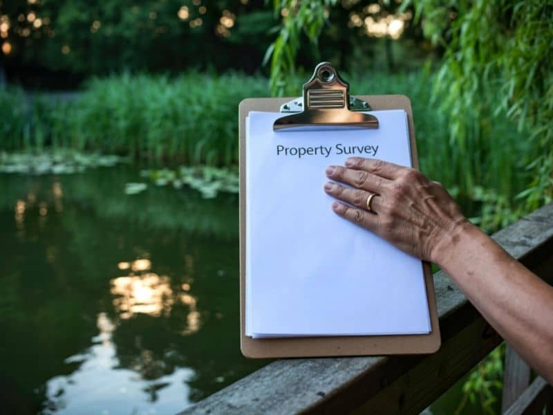 Property survey documents displayed beside a natural waterway, representing land surveying for properties located near creeks and other natural waterways.