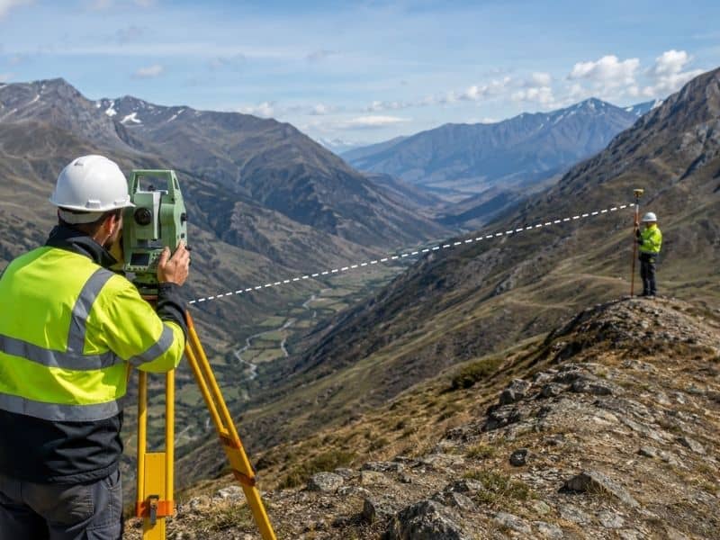 Survey total station measuring a control network between a high ridge and deep valley.