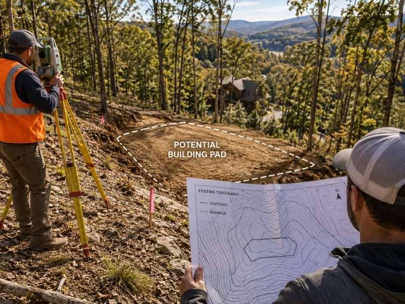 Surveyor mapping a steep wooded lot to evaluate terrain and a possible building pad location.