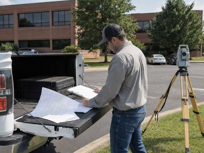 ALTA Survey professional reviewing a commercial property site plan for a Knoxville Tennessee closing