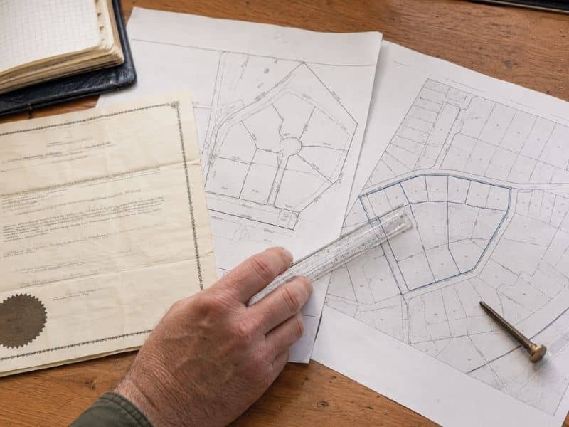 Boundary Surveying professional comparing a deed, plat, and property map for a Knoxville Tennessee boundary review