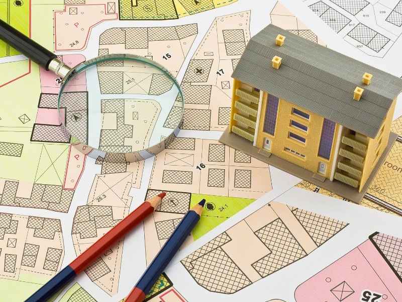 Property parcel map with boundary records and building model used by a cadastral surveyor in Knoxville Tennessee.